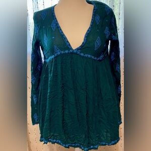 Free People Teal Boho Embroidered V-Neck Tunic Romantic Festival Blouse Small